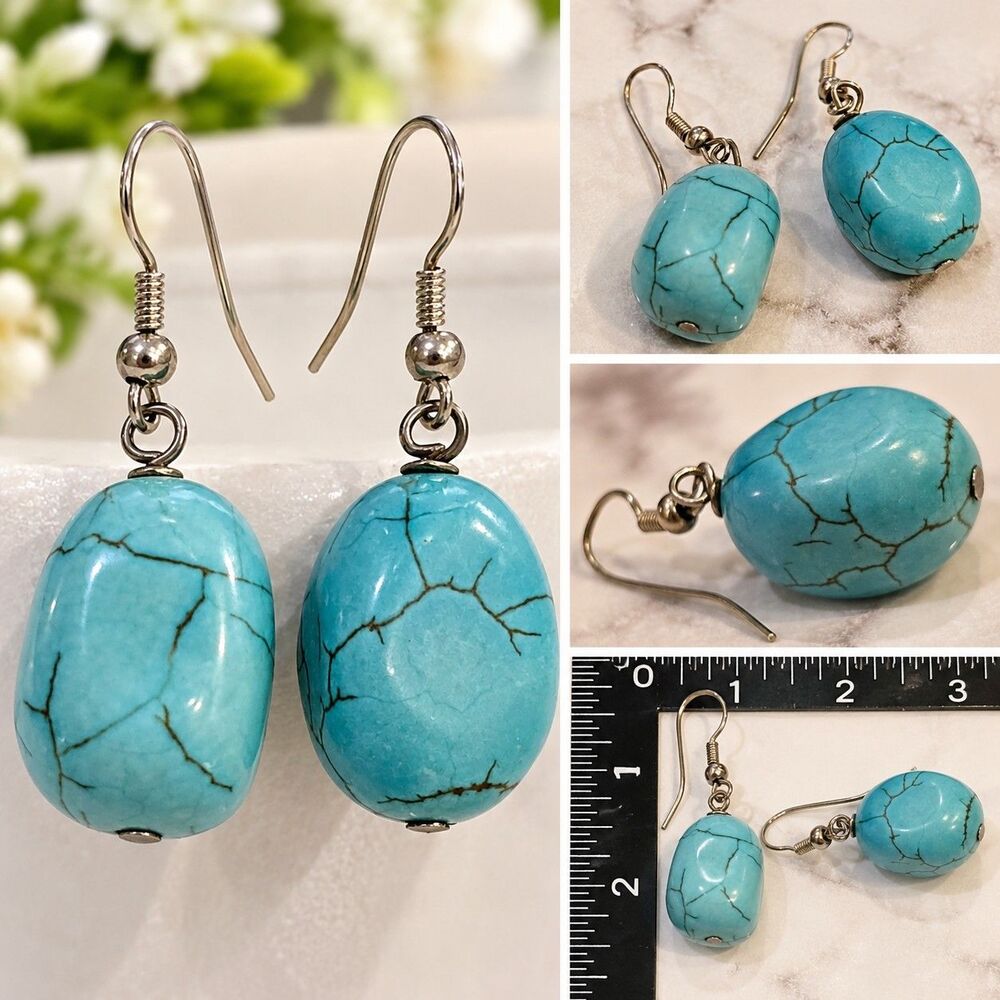 Faux Turquoise Blue Stone Look Beaded Dangle Drop Earrings Silver Tone Fish Hook